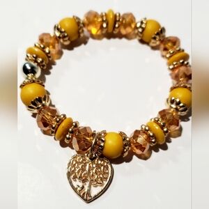 Gold and Yellow Beaded Bracelet with Heart Charm